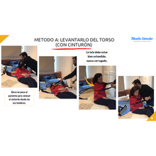 Imagen con el paso a paso para levantar al paciente usando el cinturón de transferencia